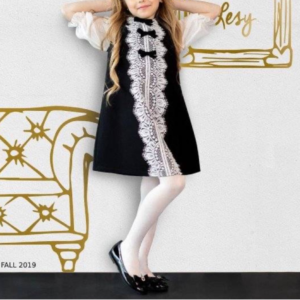 Lesy Girls Black & White Lace & Velvet Bow Party Dress Sz 14